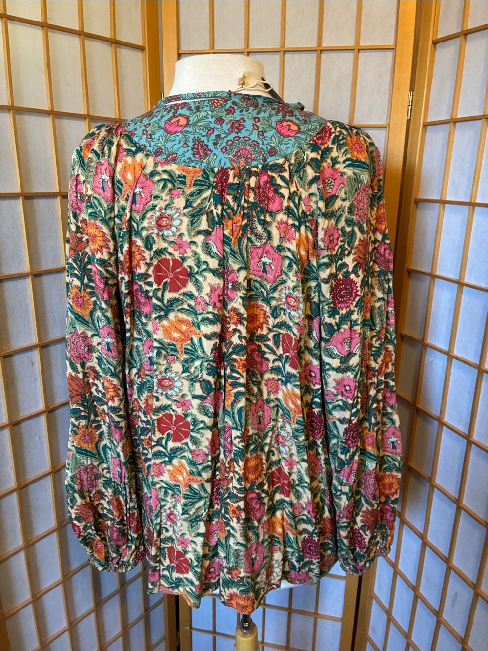 Natural Life Floral Boho V-Neck Tunic Top in Teal, Red, Pink & Mustard - Picture 4 of 4